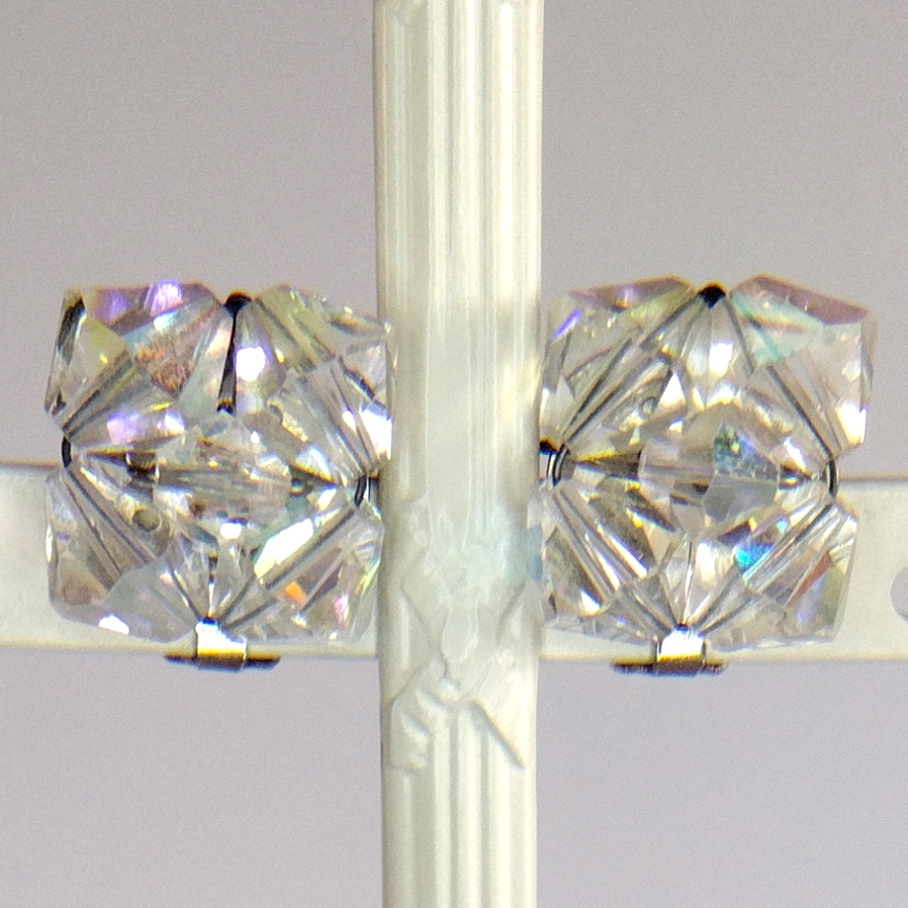 Faceted AB Crystal Wire Wrapped Square Shaped Clip-On Earrings Vintage